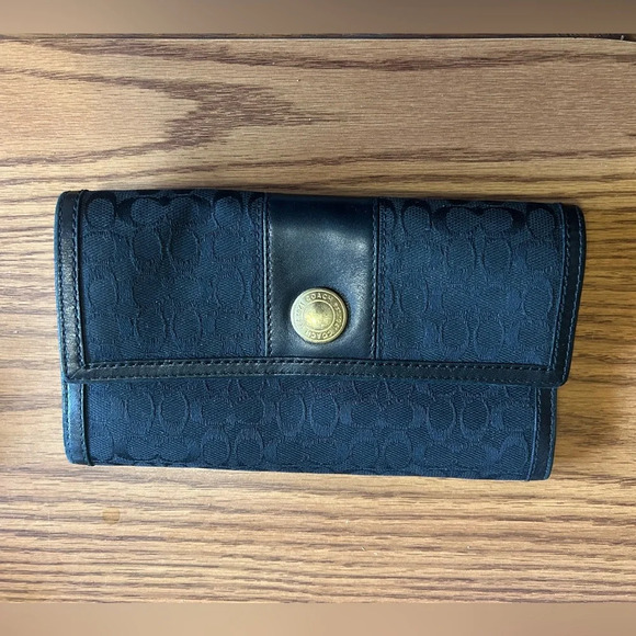 Vintage Coach Signature 2 Piece Black Canvas Leather Monogram Wallet Trifold - Picture 1 of 6